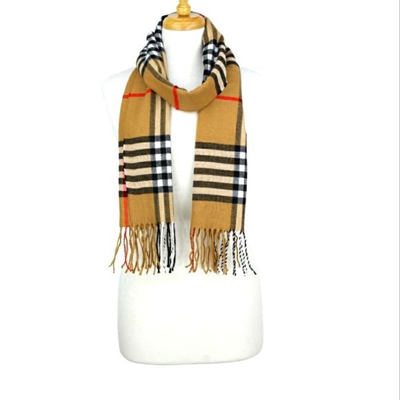 Plaid Cashmere Feel Soft Luxurious Scarf Camel - 72" x 12" with 3" Fringes - Picture 2 of 4